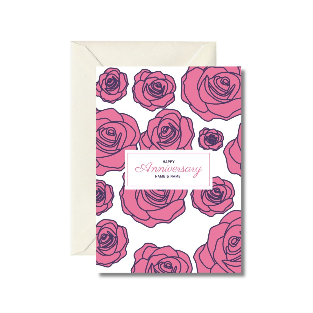 Personalized Happy Anniversary Card with Pink Roses
