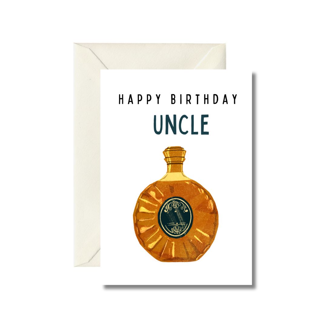 Happy Birthday Uncle Greeting Card with Whiskey Bottle Illustration