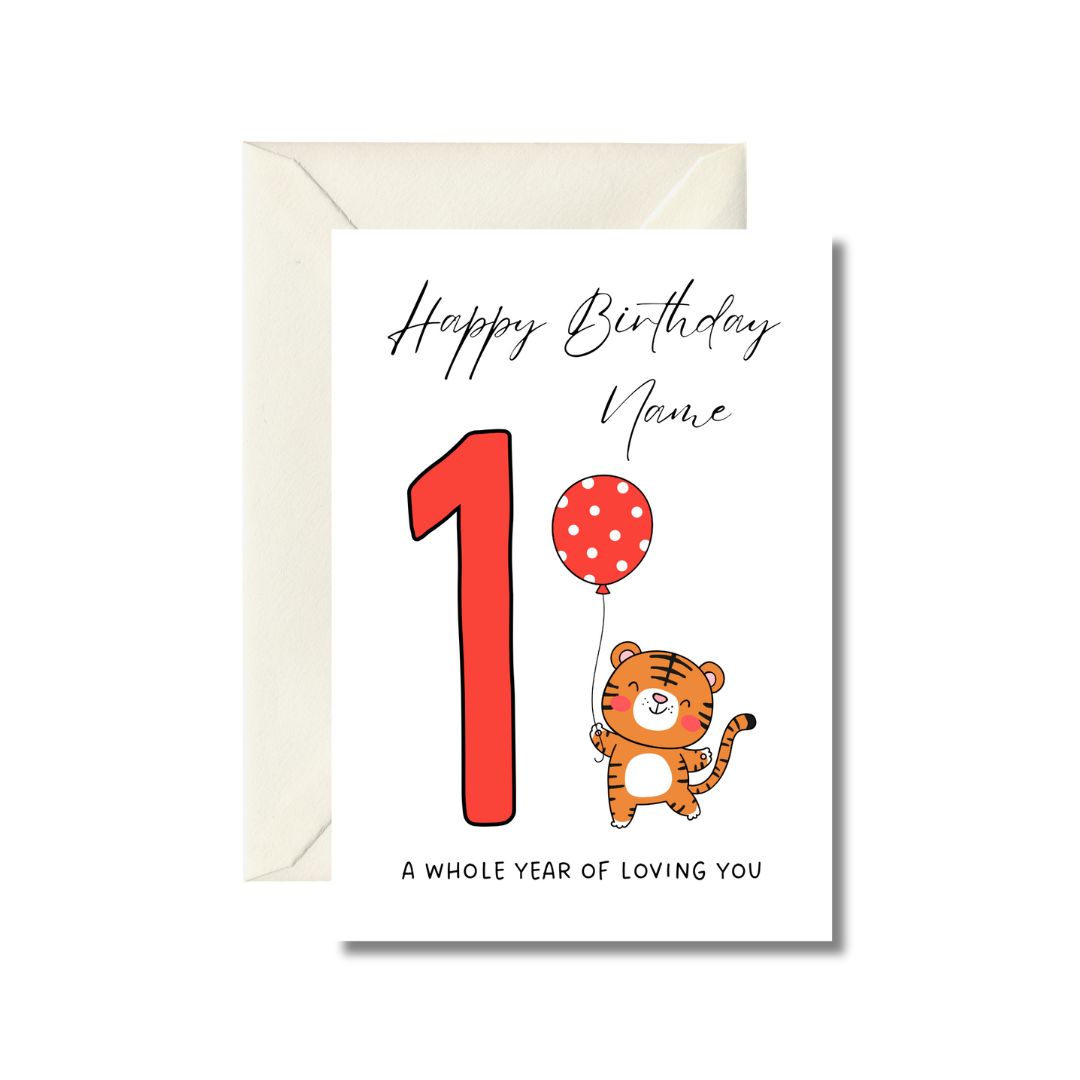 1st Birthday Greeting Card with Tiger and Balloon